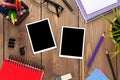 Office table with notepad, colorful pencils, supplies and photo