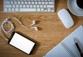 Office table with notepad, computer, coffee cup, computer mouse