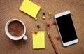 Office table with notepad, smartphone and coffee cup