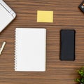 An office table working enviroment. Notepad, sticky note, pen plant, calculator and a lap top on a brown striped zebrawood design Royalty Free Stock Photo