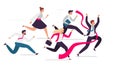 Office team crosses finish line. Team leader tears red finish ribbon, teamwork competition and successful professionals Royalty Free Stock Photo