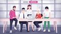 Office team. Teamwork. Businessman set. Man in the workplace interior. Worker in suit by the table. Cartoon people in different Royalty Free Stock Photo