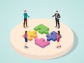 Office team working together collaboration connection puzzle element concept of business with isometric 3d modern flat cartoon