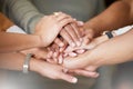 Office, teamwork and hands in huddle together for team building, collaboration and motivation at startup company. Work Royalty Free Stock Photo