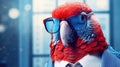 In the office, there is a comical parrot donning sunglasses