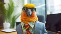 In the office, there is a comical parrot donning sunglasses