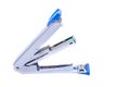 Office tool, open action of staplers on white background.