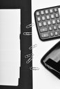 Office tools on black and white background, top view Royalty Free Stock Photo