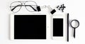 Office tools. Digital technology. Innovative implementation in business. Phone, tablet and office tools on the white background Royalty Free Stock Photo