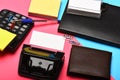 Office tools on pink and blue background as work concept Royalty Free Stock Photo