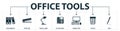 Office Tools set icons collection. Includes simple elements such as Documents, Stapler, Table Lamp, Telephone, Computer, Trash and Royalty Free Stock Photo