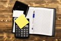 Organizer, calculator, puncher, note paper and pen on vintage surface Royalty Free Stock Photo