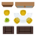 Office top view. Furniture realistic tables wardrobe chairs armchairs business office interior items vector