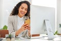 Office, typing and happy woman at desk with smartphone, networking and connectivity with online chat. Phone, social Royalty Free Stock Photo