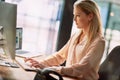 Office, typing and woman at computer for research, ideas and checking article for online report. Reading, thinking and Royalty Free Stock Photo