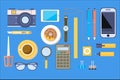 Office various equipment, mobile devices and work tools vector illustration in flat style Royalty Free Stock Photo