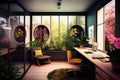 office with view of lush garden, complete with colorful blooms and buzzing insects