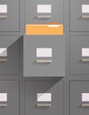 Office wall of filing cabinet with open card catalog document data archive storage folders for files business