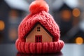 Office warmth represented by close-up insulation symbol house with red bonnet Royalty Free Stock Photo