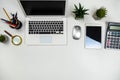 office white desk with laptop nad tablet pen mouse and keyboard for creatice work Royalty Free Stock Photo