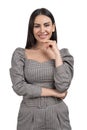 Businesswoman with hand to chin, smiling isolated over white bac Royalty Free Stock Photo