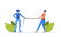 Office Woman Character and Robot Tug of War, Competing Who Is Stronger. Versus between Artificial Intelligence and Human