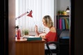 Office Woman Holding Dog During Skype Conference Call Royalty Free Stock Photo