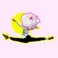 Office woman like a ballet dancer or performer with white flower as a head on pink background. Contemporary art collage Royalty Free Stock Photo