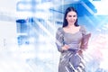 Businesswoman with clipboard, bar chart and numbers hologram, office room Royalty Free Stock Photo