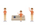 Office woman sitting on sofa, crossed hands, waving cartoon character. Working staff poses.