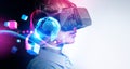 Office woman in vr glasses, metaverse hologram and cyberspace