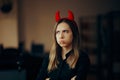 Office Woman Wearing Halloween Devil Horns Feeling Frustrated and Stressed