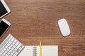 Office wooden table with notebook, yellow pencil, tablet, keyboa Royalty Free Stock Photo