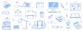 Office work doodle set. Office computer, work desk, notebook doodle icon. Hand drawn sketch style illustration. Business Royalty Free Stock Photo