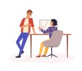 Office work flat vector illustration. Company staff communication. Colleagues cartoon characters. Statistics and Royalty Free Stock Photo