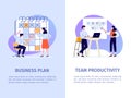 Office work productivity vector banner. Team and task management with employees. Cooperation and presentation