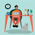 Office work and remote work, freelance. Young man working on computer. Vector illustration in flat style. Royalty Free Stock Photo