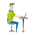 Office work and remote work, freelance. Young man working on computer. Vector illustration in flat style.