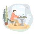 Office work and remote work, freelance. Young man working on computer. Vector illustration in flat cartoon style. Royalty Free Stock Photo