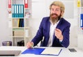 Office work. Smiling businessman in office. Happy bearded man in suit. Business expert. Royalty Free Stock Photo