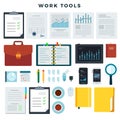 Office work tools. Paperwork and business work elements, set. Mobile devices and documents. Vector illustration. Royalty Free Stock Photo