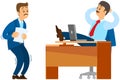 Office worker is afraid of boss. Stress at work. Subordinate is afraid to submit report to chief