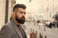 Office worker. Bearded man going to work. Hipster in business style on street. Business man in modern city. Professional Royalty Free Stock Photo