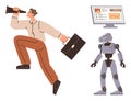 Office worker with briefcase and telescope analyzing future trends alongside robot and computer screen Royalty Free Stock Photo