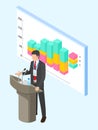 Office worker businessman speaker stand near board with visual presentation, growing graphic