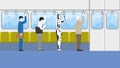 Office worker and businessman standing with a robot inside city train cabin