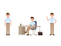 Office worker cartoon character. Vector illustration of writing, standing, waving manager.