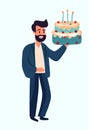 Office worker celebrating birthday holding cake. Concept of birthday celebration, happiness, joy. Illustration for a