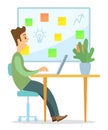 A man sits at a laptop in the office, creative manager, idea, innovation. Flat vector image