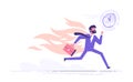 Office worker character running with back on fire. Deadline and rush hour. Vector illustration